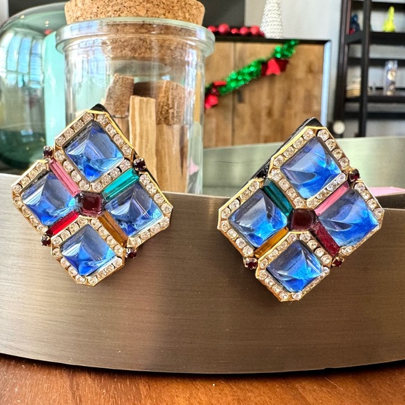 Vintage Hansen Designs Multi Color Gem Clip On Earrings - Picture 3 of 10